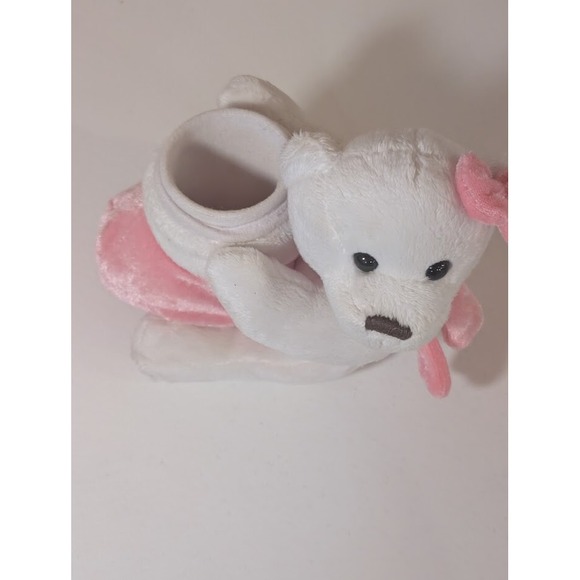 Plush White Teddy Bear Baby Bootie Holder Pink Bow & Scarf AXT Group LLC - Picture 2 of 3